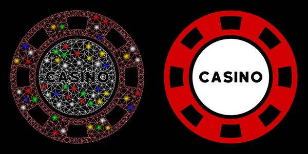 Icono de chip de Casino de marco de alambre de malla brillante con puntos de llamarada — Vector de stock