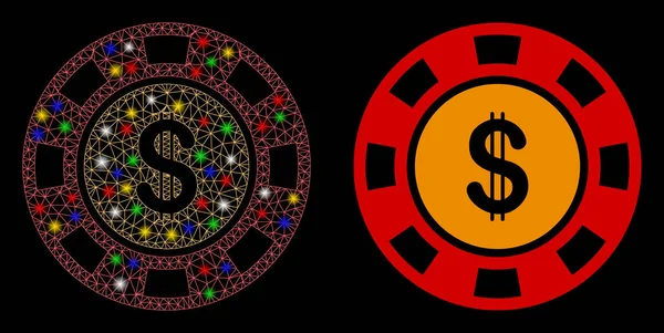 Flare Mesh Network Dollar Casino Chip Ikoon met Flash Spots — Stockvector