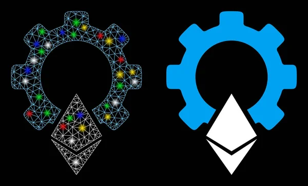 Red de malla de llamarada Icono de engranajes de Ethereum con puntos de llamarada — Vector de stock