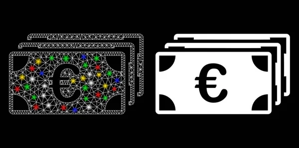 Flare Mesh Network Euro Banknotes Icon with Flare Spots — Stock Vector