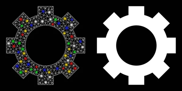 Icono de engranaje de red de malla de llamarada con puntos de llamarada — Archivo Imágenes Vectoriales