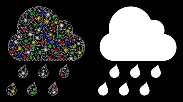 Red de malla de llamarada Icono de nube de lluvia con puntos de llamarada — Archivo Imágenes Vectoriales