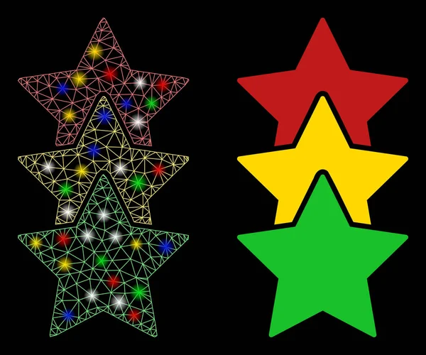 Maille lumineuse Carcasse Valutation Stars Icon avec des taches flash — Image vectorielle