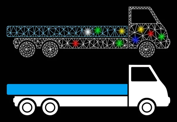 Ícone de caminhão de armação de arame de malha de chama com pontos de inflamação — Vetor de Stock