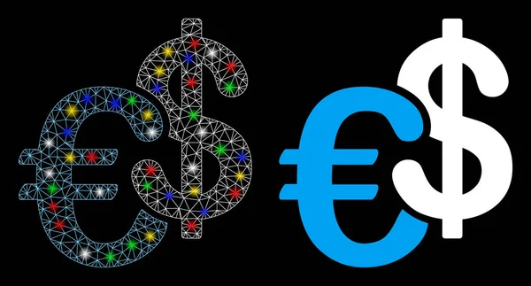 Icona di valuta Euro e Dollaro con rete metallica lucida con punti flash — Vettoriale Stock