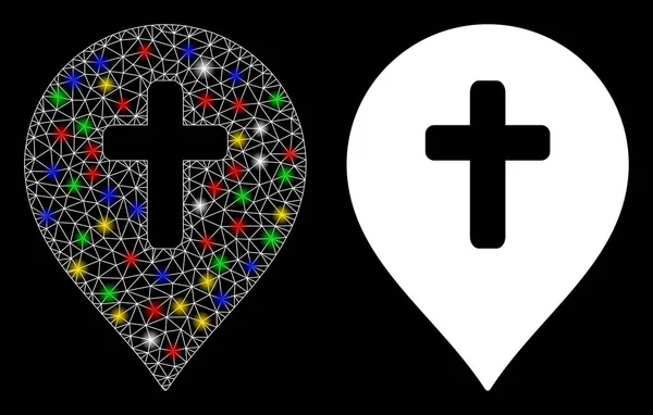 Icona Croce Religione 2D a Maglia Lucida con macchie luminose — Vettoriale Stock