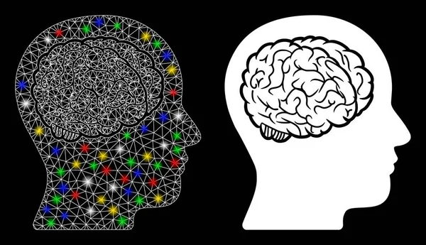 Icono del cerebro de la cabeza de la carcasa de malla de llamarada con puntos de luz — Vector de stock