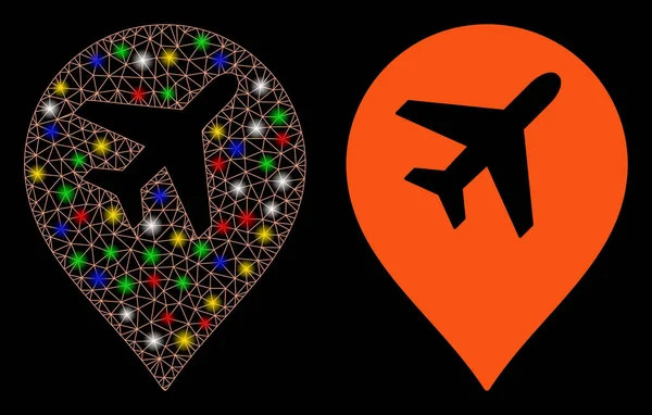 Parlak Ağlı Kablo Çerçeve Havalimanı Harita İşaretleyici Simgesi Fişek Benekli Simgesi — Stok Vektör