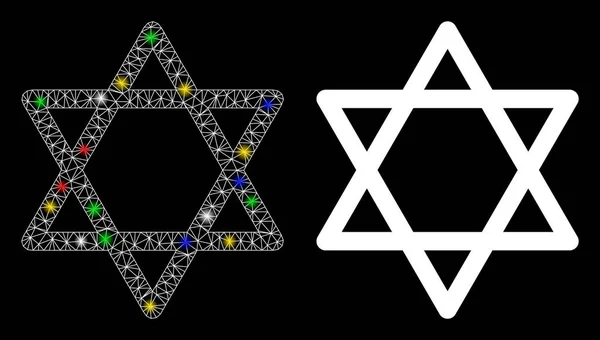 Glowing Mesh Network Star of David Icon with Flare Spots — 스톡 벡터