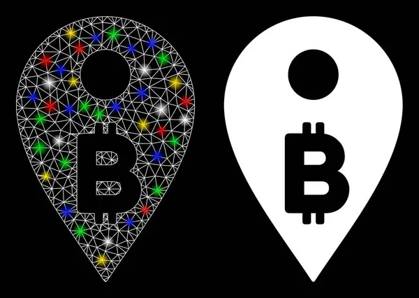 Marco de alambre de malla de llamarada Icono de marcador de mapa de Bitcoin con puntos de llamarada — Vector de stock