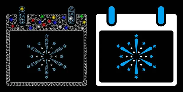 Flare Mesh Carcass Πυροτεχνήματα Boom Ημερολόγιο ημέρα εικονίδιο με κηλίδες φλόγας — Διανυσματικό Αρχείο