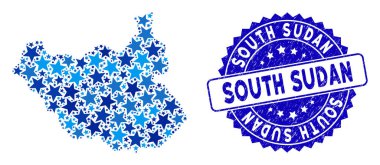 Mavi Yıldız Güney Sudan Harita Kolajı ve Grunge Mührü