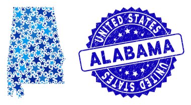 Mavi Yıldız Alabama Eyaleti Harita Kompozisyonu ve Grunge Damgası