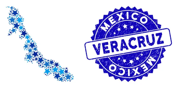 Blue Star Veracruz State Map Composición y sello de sello rayado — Archivo Imágenes Vectoriales