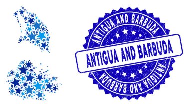 Mavi Yıldız Antigua ve Barbuda Harita Kolajı ve Çizilmiş Mühür