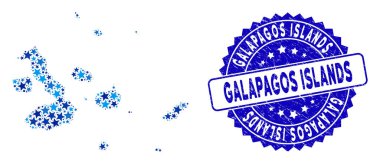 Mavi Yıldız Galapagos Adaları Harita Kolajı ve Grunge Mühür Mührü