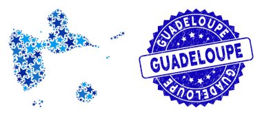 Mavi Yıldız Guadeloupe Haritası Mozaik ve Çizilmiş Mühür