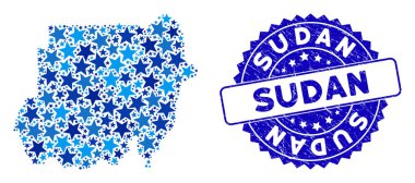 Mavi Yıldız Sudan Harita Bileşimi ve Grunge Mührü