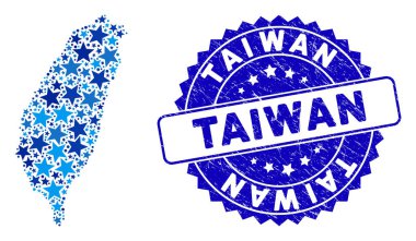 Mavi Yıldız Tayvan Adası Harita Mozaiği ve Grunge Damgası