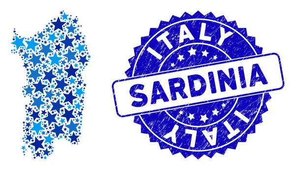 Błękitna Gwiazda Włoska Sardynia Mapa Mozaika i teksturowane Pieczęć Pieczęć — Wektor stockowy