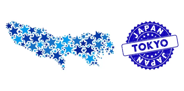 Blue Star Mapa de la Prefectura de Tokio Mosaico y Sello Texturizado — Vector de stock