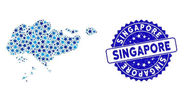 Blauer Stern Singapore Kartencollage und texturiertes Siegel — Stockvektor