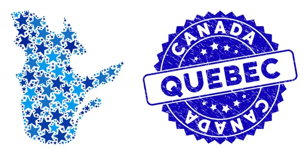 Blue Star Quebec Province Map Composition and Distress Stamp Seal — 스톡 벡터