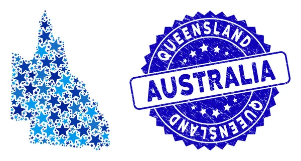 Blue Star Australian Queensland Mapa Mosaico y Sello Grunge — Vector de stock