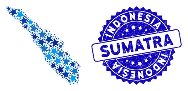 Blue Star Sumatra Island Map Mosaic and Scratched Stamp - Stok Vektor