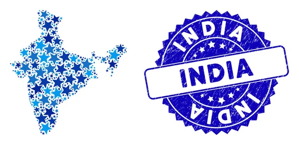 Blue Star India térkép Mozaik és karcos pecsét — Stock Vector