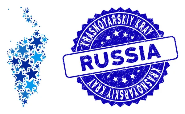 Błękitna Gwiazda Krasnojarskij Mapa Kray Collage and Distress Stamp — Wektor stockowy