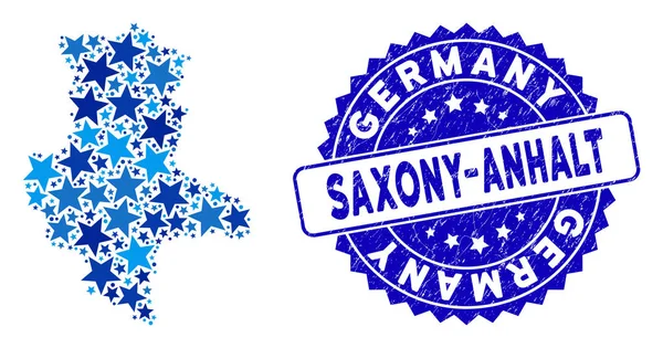 Blue Star Sachsen-Anhalt Land Map Sammansättning och texturerad frimärke — Stock vektor