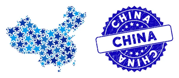 Kék Csillag Kína Térkép Mozaik és Grunge Stamp — Stock Vector