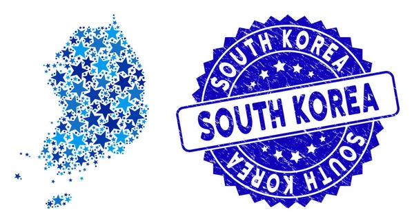 Blue Star Corea del Sur Mapa Composición y angustia Sello — Vector de stock