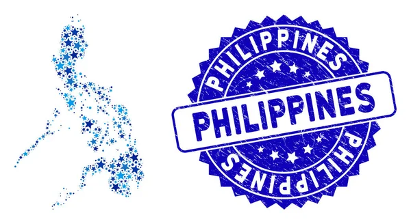Blå stjärna Filippinerna Karta Mosaik och texturerat stämplar — Stock vektor
