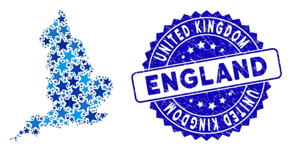 Estrella Azul Inglaterra Mapa Mosaico y Sello de Angustia — Vector de stock