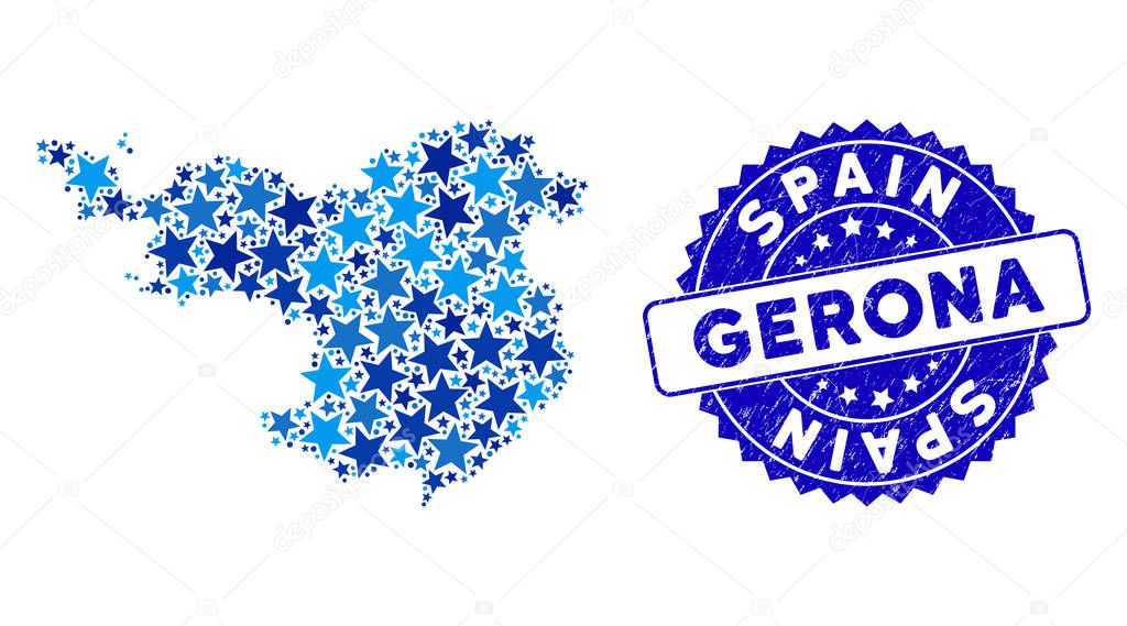 Blue Star Gerona Province Map Collage and Grunge Stamp