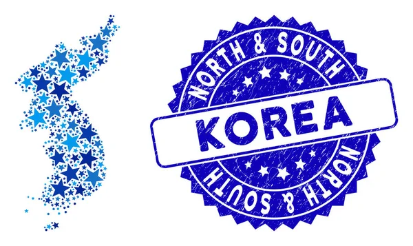 Blue Star Mapa da Coreia do Norte e da Coreia do Sul Colagem e Selo Arranhado —  Vetores de Stock