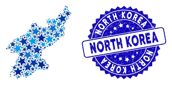 Blue Star Corea del Nord Mappa Collage and Scratched Seal — Vettoriale Stock