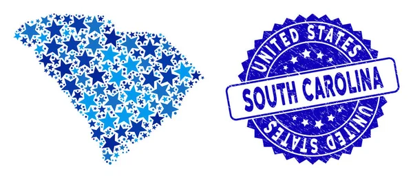 Blue Star South Carolina State Map Collage y sello de sello rayado — Vector de stock