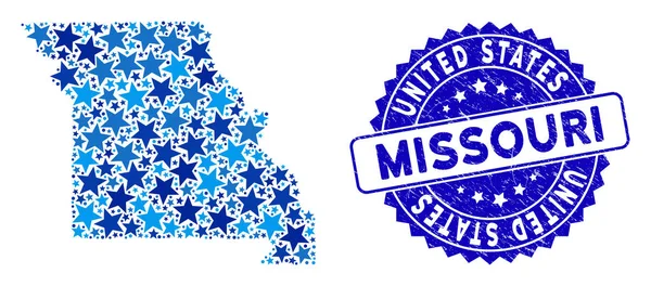 Blue Star Missouri State Map Collage and Distress Stamp — стоковий вектор