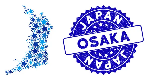 Blue Star Osaka Prefectura Mapa Composición y angustia Sello — Vector de stock