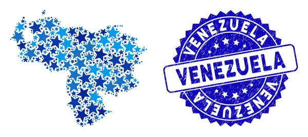 蓝星委内瑞拉地图拼贴和刻划印章 — 图库矢量图片
