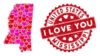 Güzel Kalp Kolajı Mississippi Eyalet Haritası Çizilmiş Mühür
