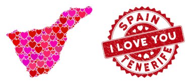 Lovely Heart Mozaik Tenerife İspanya Tehlike Mührü ile Ada Haritası