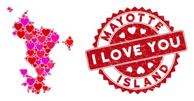Hoş Kalp Kolajı Mayotte Adası Haritası Grunge Mühür Mührü