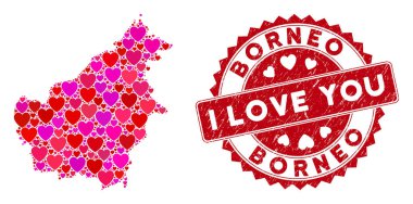 Sevimli Kalp Kolajı Grunge Mührü ile Borneo Adası Haritası