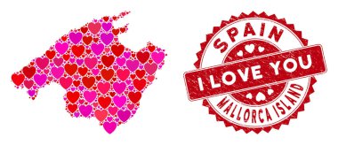 Aşk Kalbi Kolajı İspanya Mallorca Adası Grunge Pullu Haritası