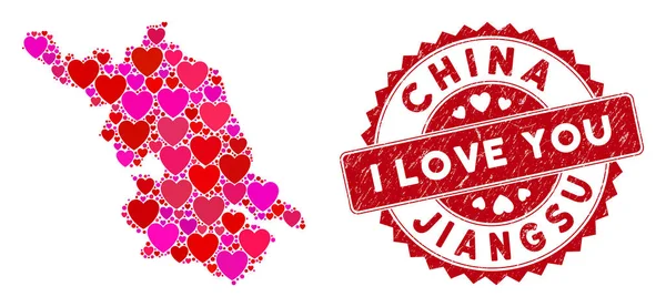 Love Heart Mosaic Jiangsu tartomány térképe Grunge Watermark térképével — Stock Vector
