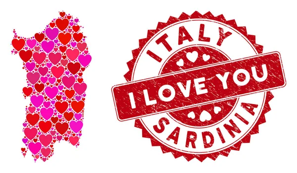 Love Heart Mosaic Italian Sardinia Island Map with Textured Watermark — Stock Vector